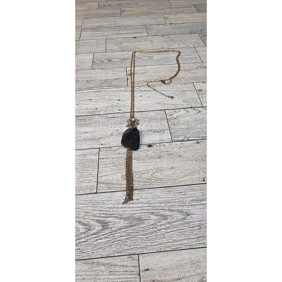 Long Black Tourmaline and Glass Bead & Fringe Pendant Gold Tone Chain Necklace - Picture 1 of 4